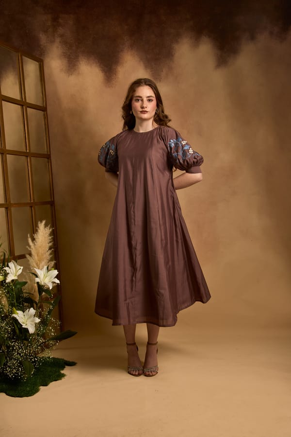 Brown Roman Silk Fit and Flare Midi Dress with Embroidered Sleeves — An'era by Asmita Verma