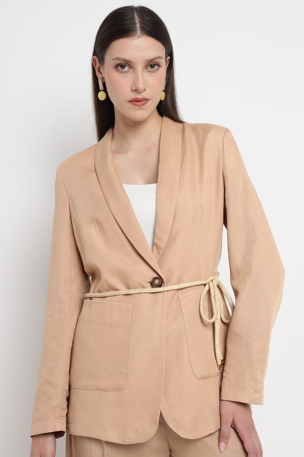 Beige Belted Single-Button Tailored Blazer — Diana Gallesi