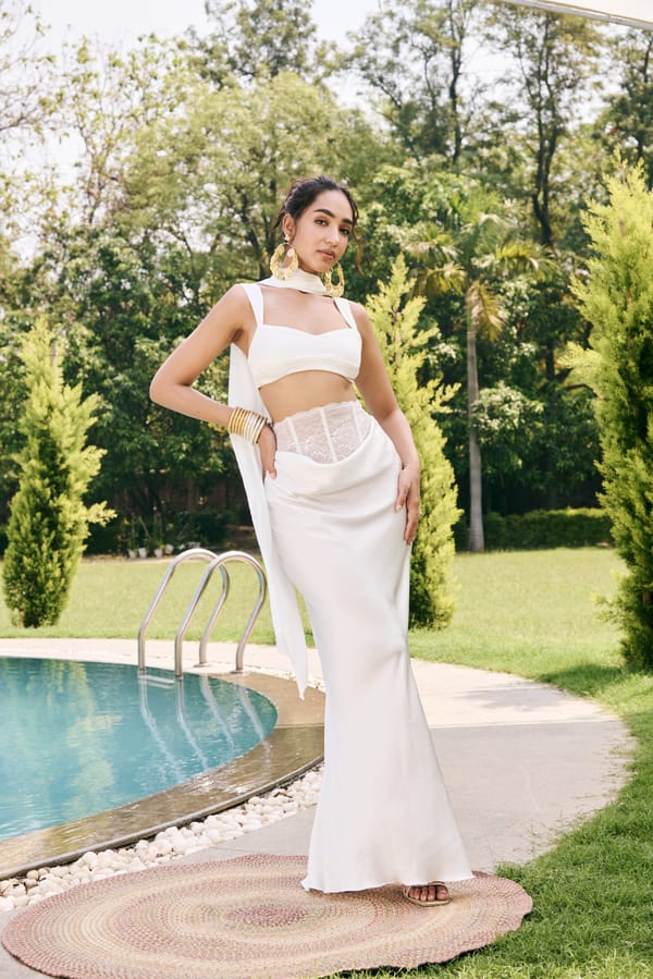 White Satin Draped Maxi Skirt with Lace-Up Waist — Lea Clothing