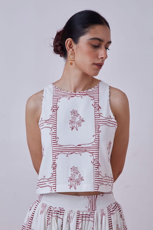 Penelope Red Hand Printed Top — The Summer House