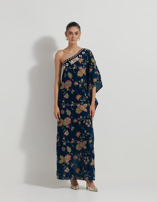Teal One-Shoulder Velvet Maxi Dress with Mirror Work — Kavita Bhartia
