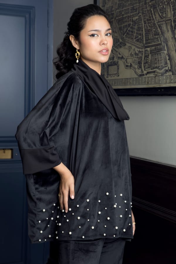 Black Velvet Cowl Neck Co-ord Set with Pearl Detail — Rhe-Ana