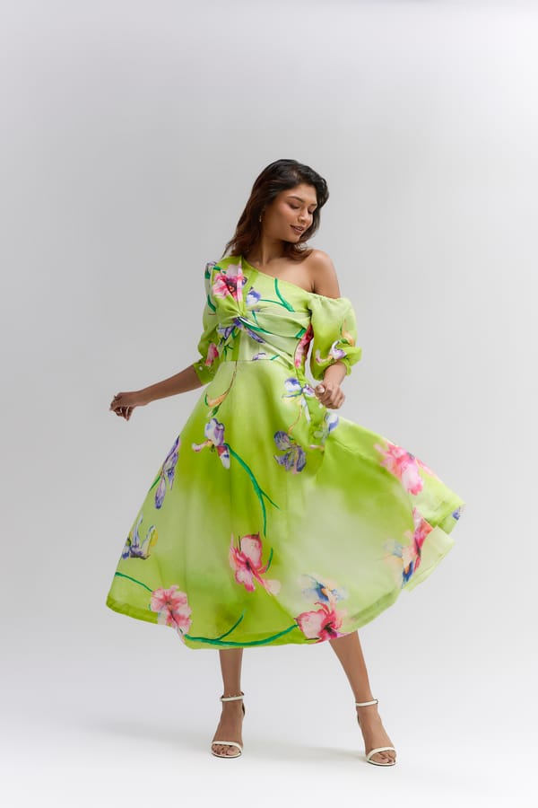 Lime Green Floral Midi One Shoulder Dress — Itara an another