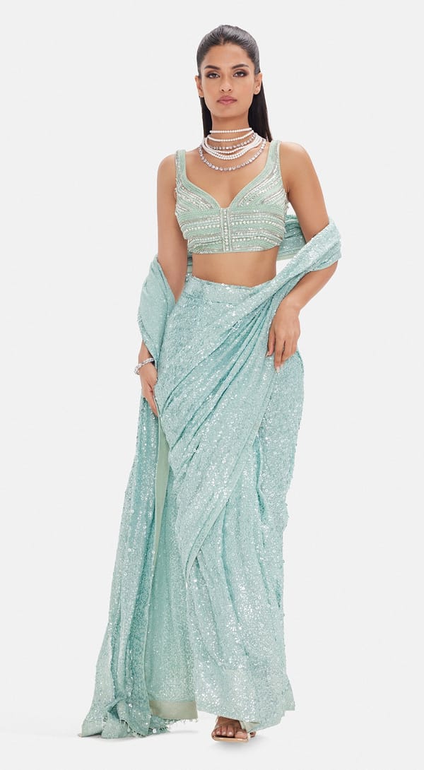 Sea Green Sequin Ready-to-Wear Saree Set with Blouse — Basanti Kapde aur Koffee