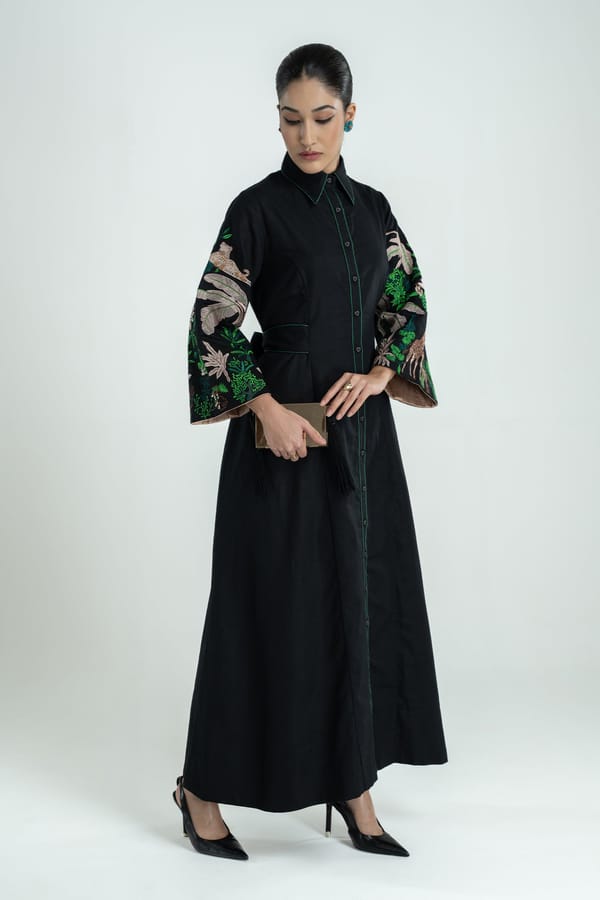 Black Cotton-Linen Embroidered Maxi Shirt Dress — Our Love
