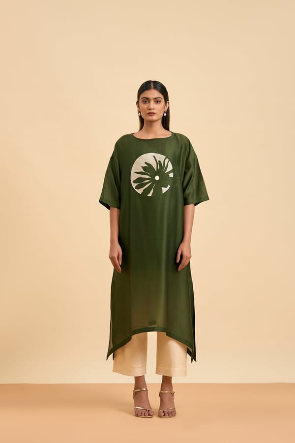 Olive and Ivory Chanderi Silk Oversized Kurta Set — Origani