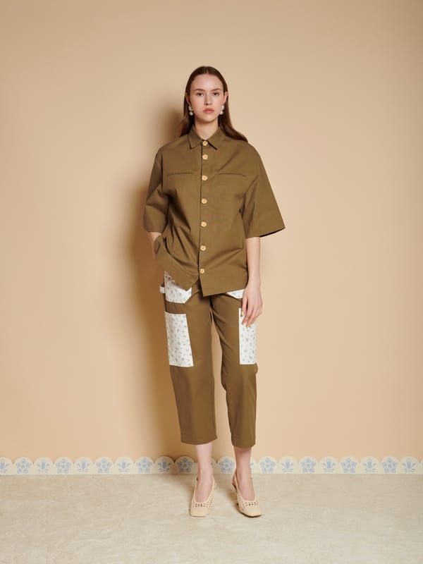 Khaki Cotton Collared Shirt with Statement Buttons — SISTER JANE