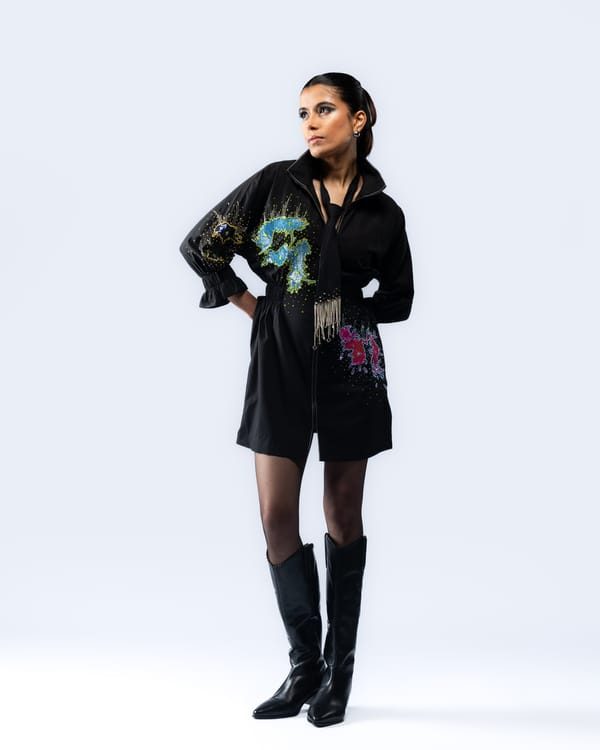 Black Zip-Front High Neck Graphic Mini Dress — Ang-sa