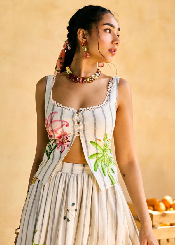 Striped Square-Neck Embroidered Button-Front Vest Top — Lea Clothing