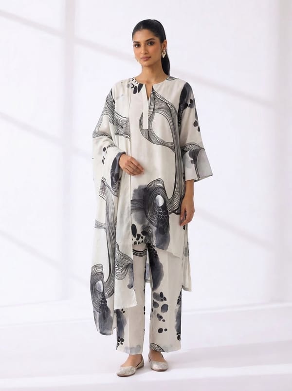 White/Grey Abstract Printed A-Line Kurta Set (3-Piece) — Esha Arora