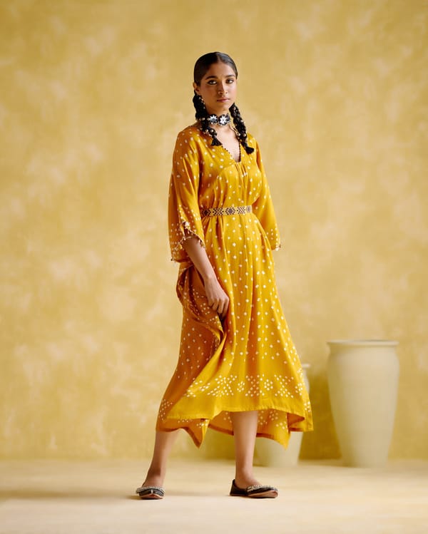 Mustard Bandhani Kaftan with Beaded Belt — 5 Elements