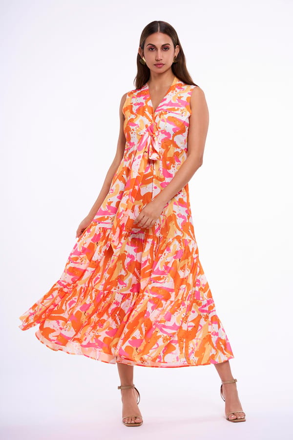 Multicolor Abstract Printed Tiered Midi Dress — KOR