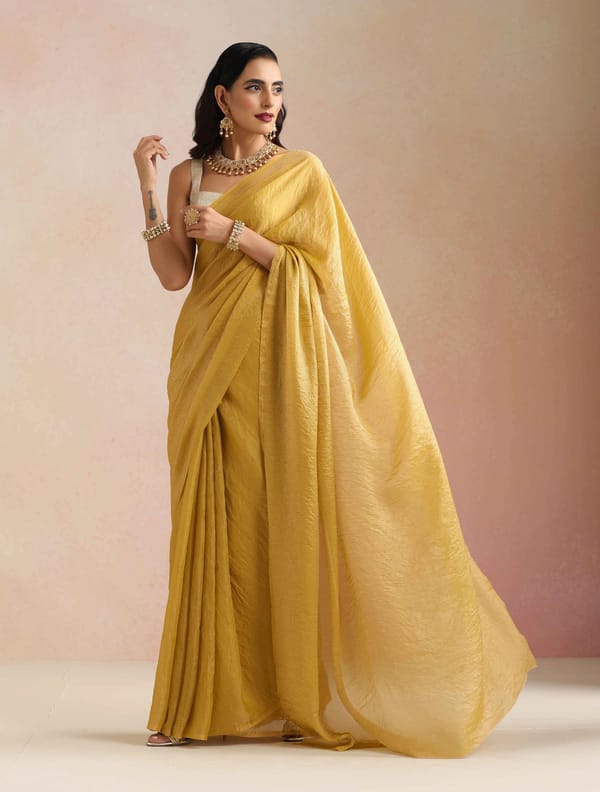 Mustard Tissue Stripe Saree with Unstitched Blouse Piece — Truebrowns