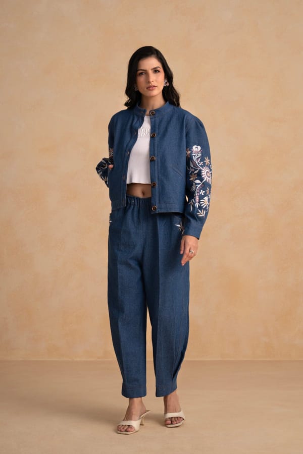 Denim Blue Embroidered Sleeve Jacket and Pants Co-ord Set — Armoire