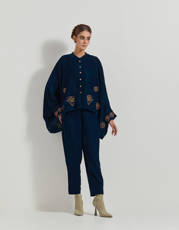 Teal Velveteen Zardozi Shirt and Straight Pants Co-ord Set — Kavita Bhartia