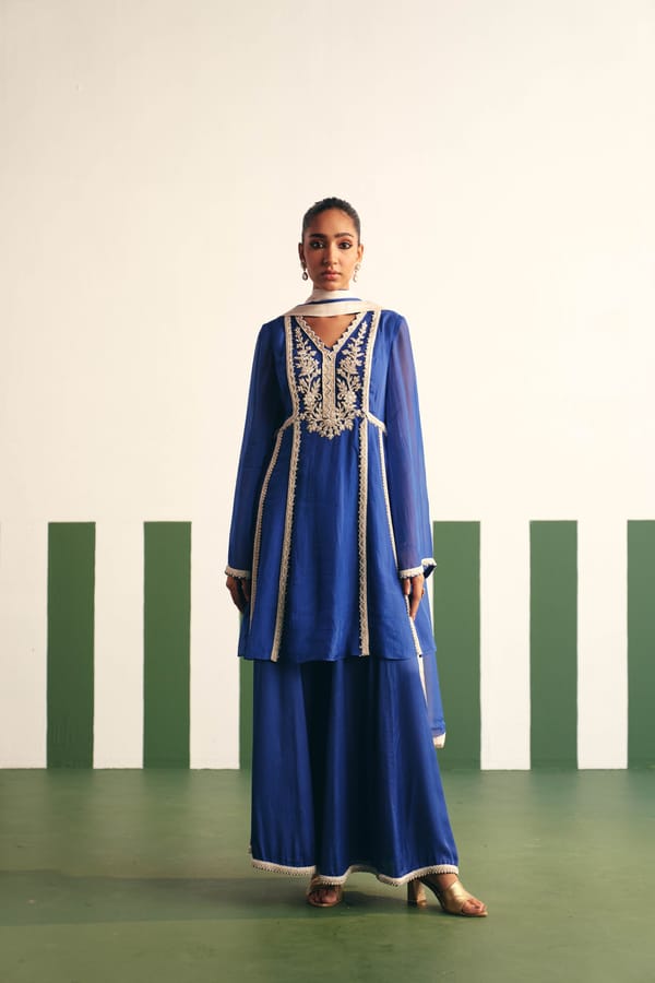 Cobalt Blue Embroidered Peplum Kurta Sharara Set — Reeti Arneja