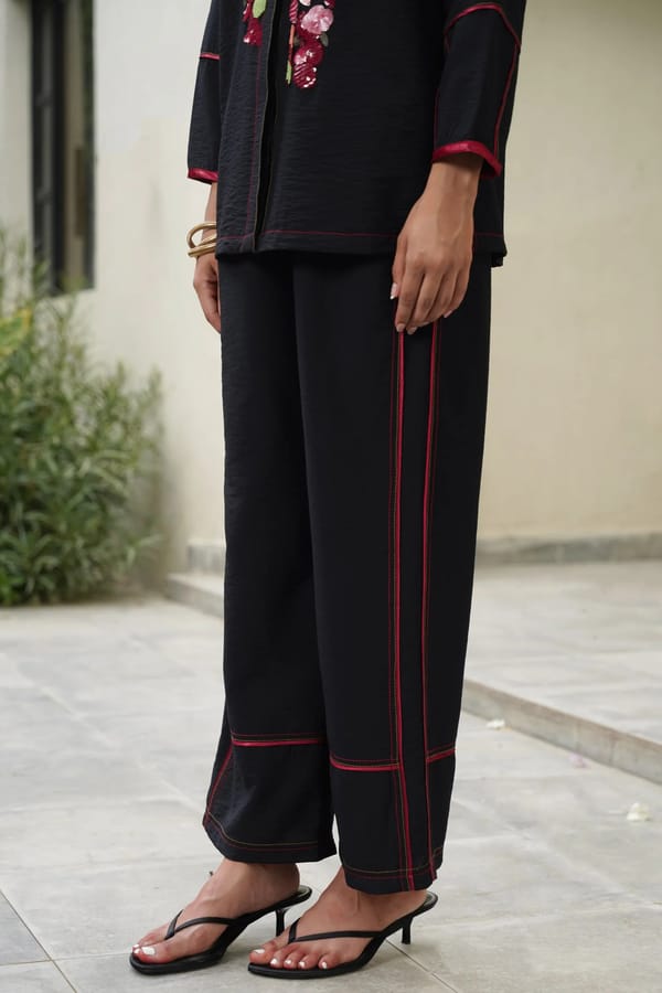 Black Wide-Leg Trousers with Contrast Piping — STITCH STORIES