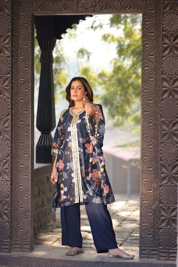 Mirror Work Printed Co-Ord Set Blue — Kahani Lush