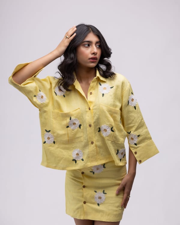 Lemon Yellow Linen Shirt with Floral Hand Embroidery — MAGIA