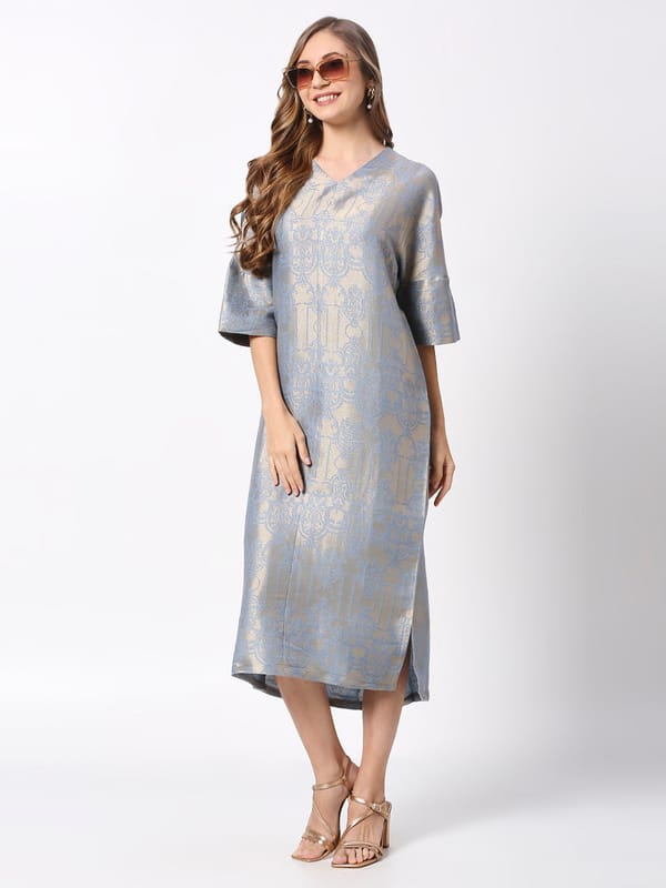 Blue Metallic Brocade Tunic Midi Dress — Cloth Haus