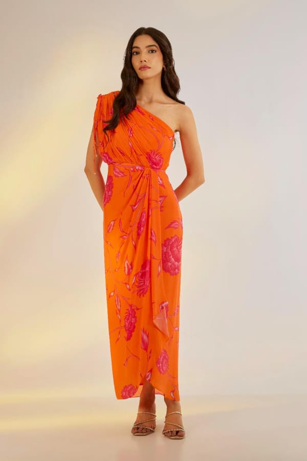Orange One-Shoulder Printed Satin Georgette Maxi Dress — EWOKE STUDIO