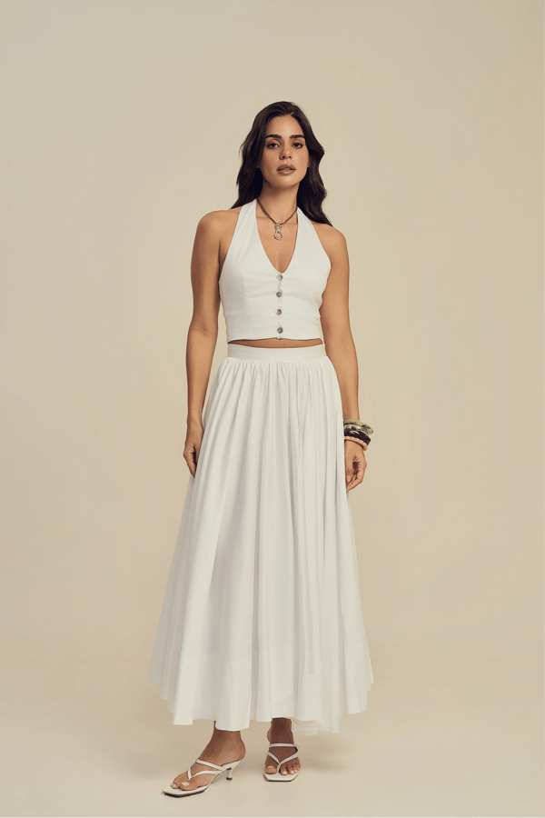 White Cotton Circular Flare Maxi Skirt with Side Zip — LABEL FROW