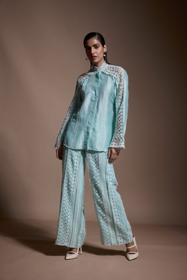 Spearmint Geometric Lace Straight-Leg Trousers — Dash and Dot