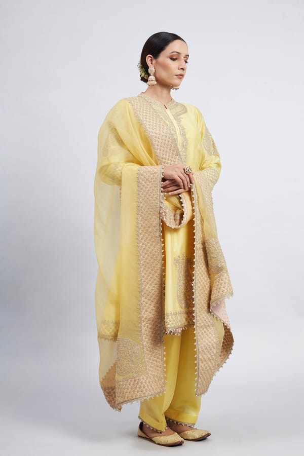 Daffodil Yellow Tilla Embroidered Kurta Set with Dupatta — Sheetal Batra