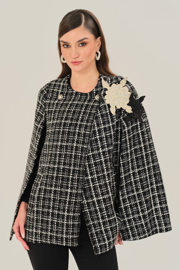 Black Metallic Plaid Tweed Cape with Floral Applique — BOHO-CHIC