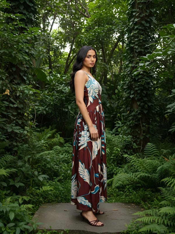 Wine and Cream Tropical Print Fit and Flare Midi Dress — POPPI