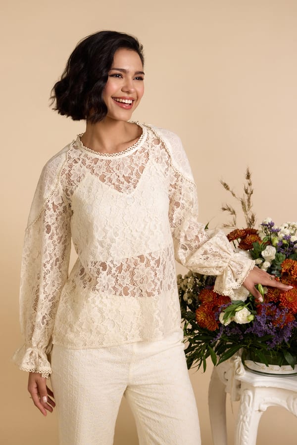 White Floral Lace Round-Neck Full Sleeve Top — AVERIE