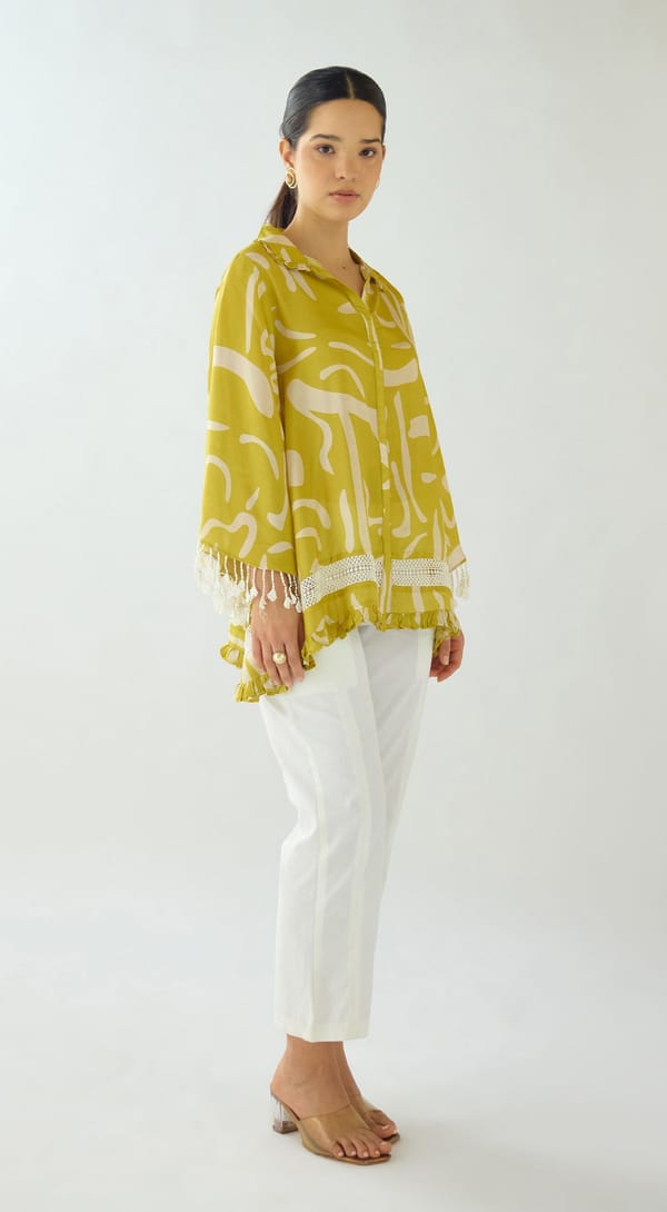 Yellow Abstract Print Muslin Shirt with Lace Trim — Basanti Kapde aur Koffee