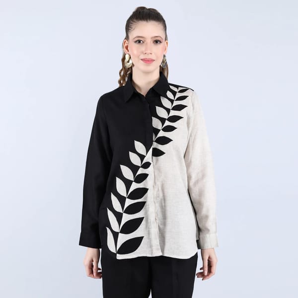 Black and Beige Linen Colorblock Shirt with Leaf Applique — Linen Bloom