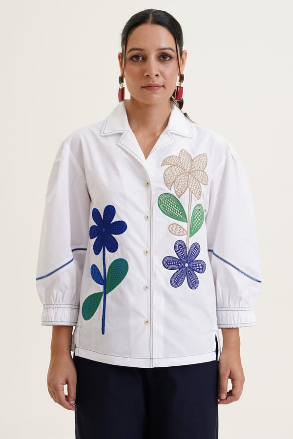 White Cotton Embroidered Button-Down Shirt — STITCH STORIES