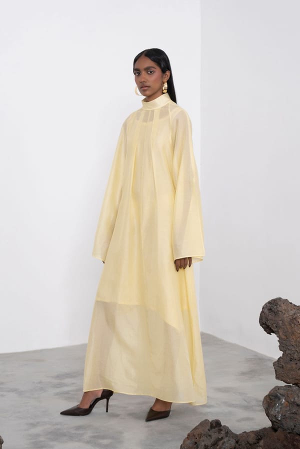 Soft Yellow Pinstriped A-Line Maxi Dress with Band Collar — Corpora Studio