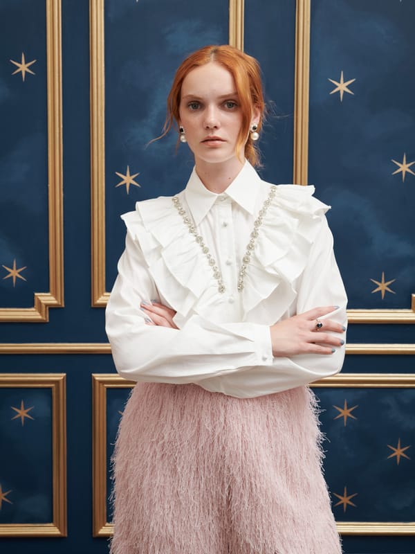 Pearled Ivory Ruffle Bib Embellished Button-Down Blouse — SISTER JANE