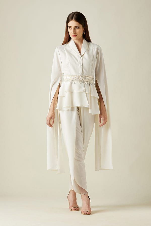 Ivory Blazer Tunic and Dhoti Pants Co-ord Set with Belt — Aakaar