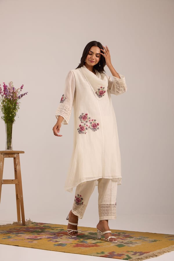Off-White Cowl Neck A-Line Tunic and Pant Co-ord Set — Omi Clothing