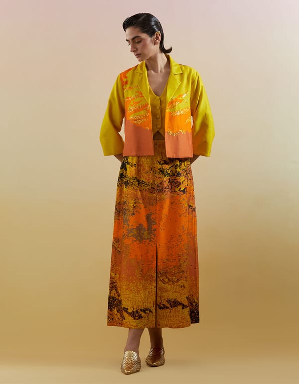 Yellow Colorblocked Jacket and Abstract Skirt Co-ord Set — CLOS