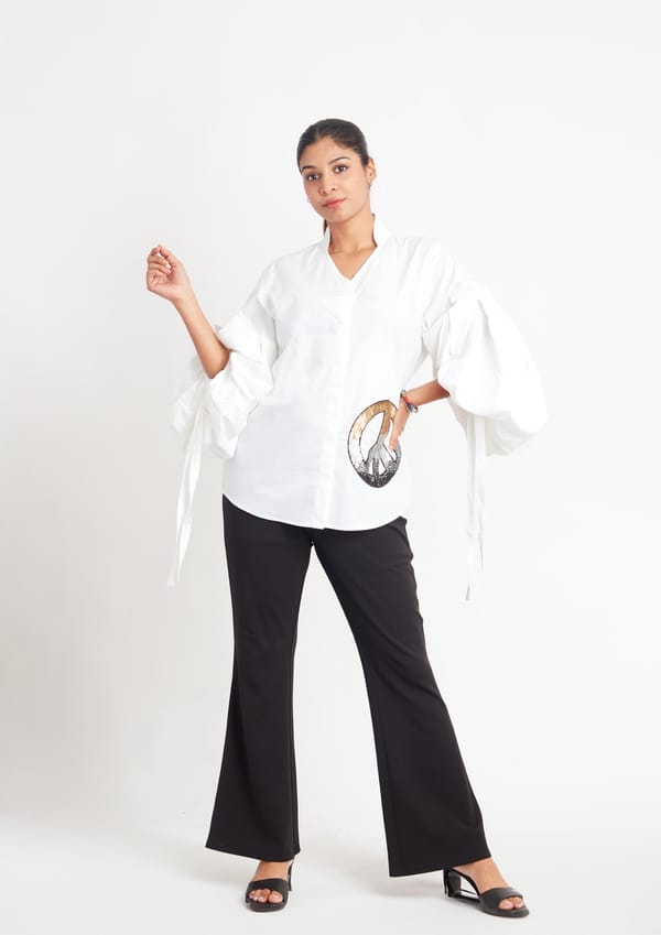 White Comfort Fit Cotton Shirt with Balloon Sleeves — Richa Goenka