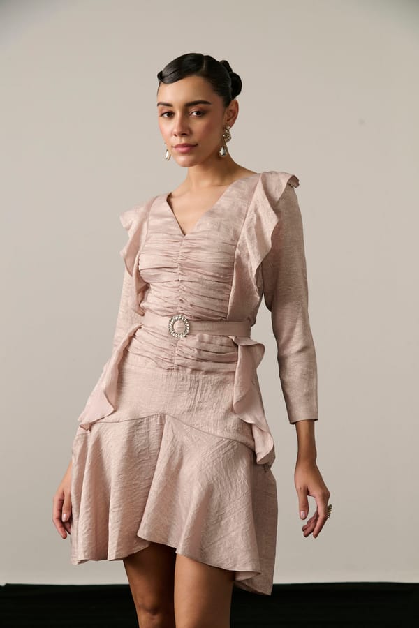 Golden Foil Ruched Ruffle Mini Dress with Crystal Belt — Label IRIS