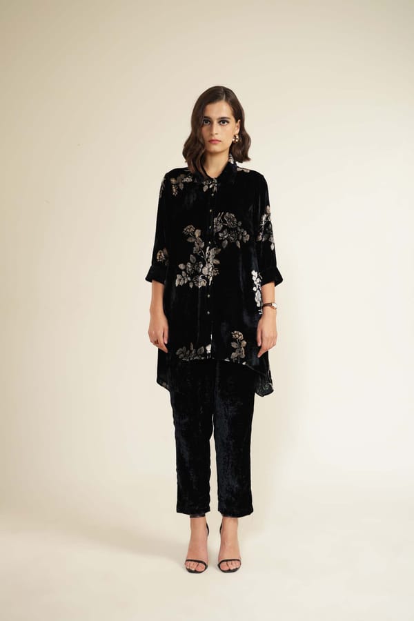 Indigo Silk Velvet Printed Shirt and Straight Pants Co-ord Set — Arcvsh Pallavi Singh