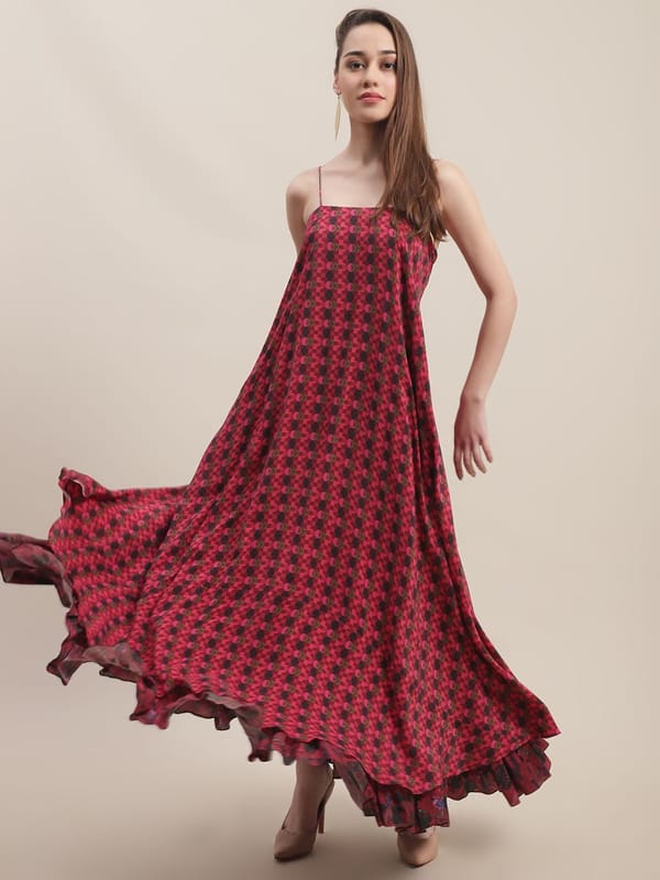 Pink Geometric Print Maxi Dress with Ruffle Hem — EWOKE STUDIO