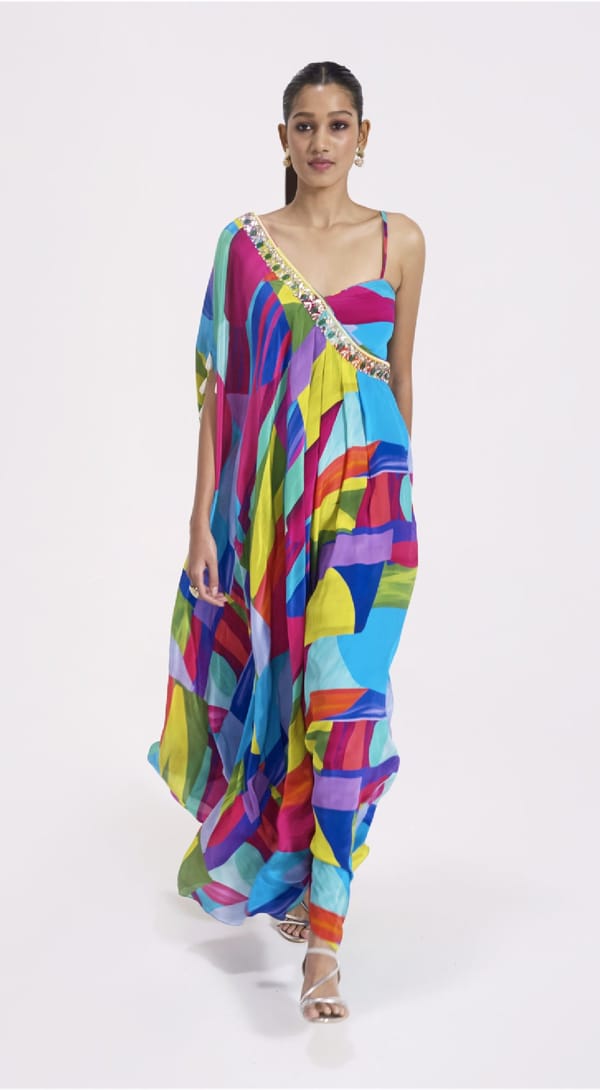 Multicolor One-Shoulder Asymmetric Crepe Maxi Dress — Basanti Kapde aur Koffee