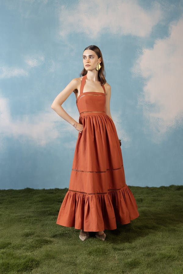 Rust Square Halter Tiered Midi Dress — House of Araish