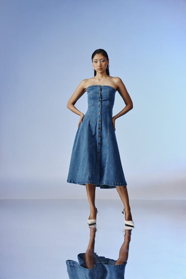 Deep Blue Wash Strapless Denim Fit and Flare Midi Dress — quietBOLD