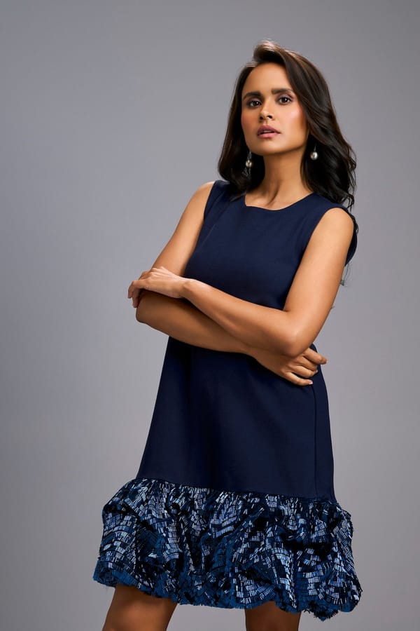 Sleeveless Mini Dress With Ruffled Shimmer Hemline — Deepika Arora