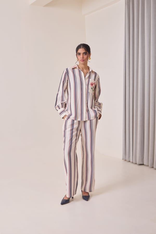 Cream Striped Button-Down Shirt with Floral Pocket — Needle Ten
