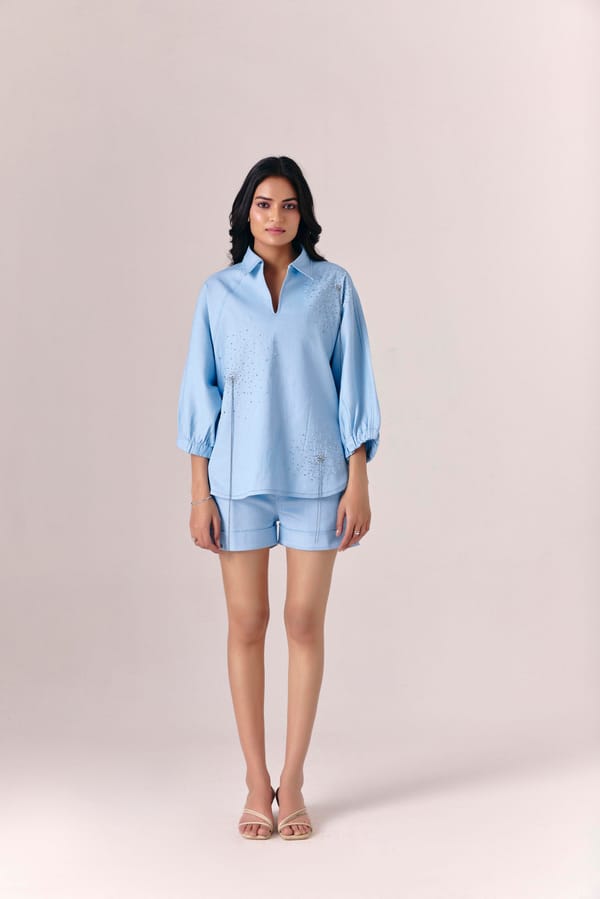 Light Blue Denim Co-ord Set with Stud Detailing — Savaaya