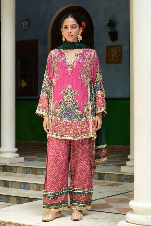 Pink Crepe Short Kurta With Printed Farshi Pants And Dupatta — ISHUM By Karan Kapoor